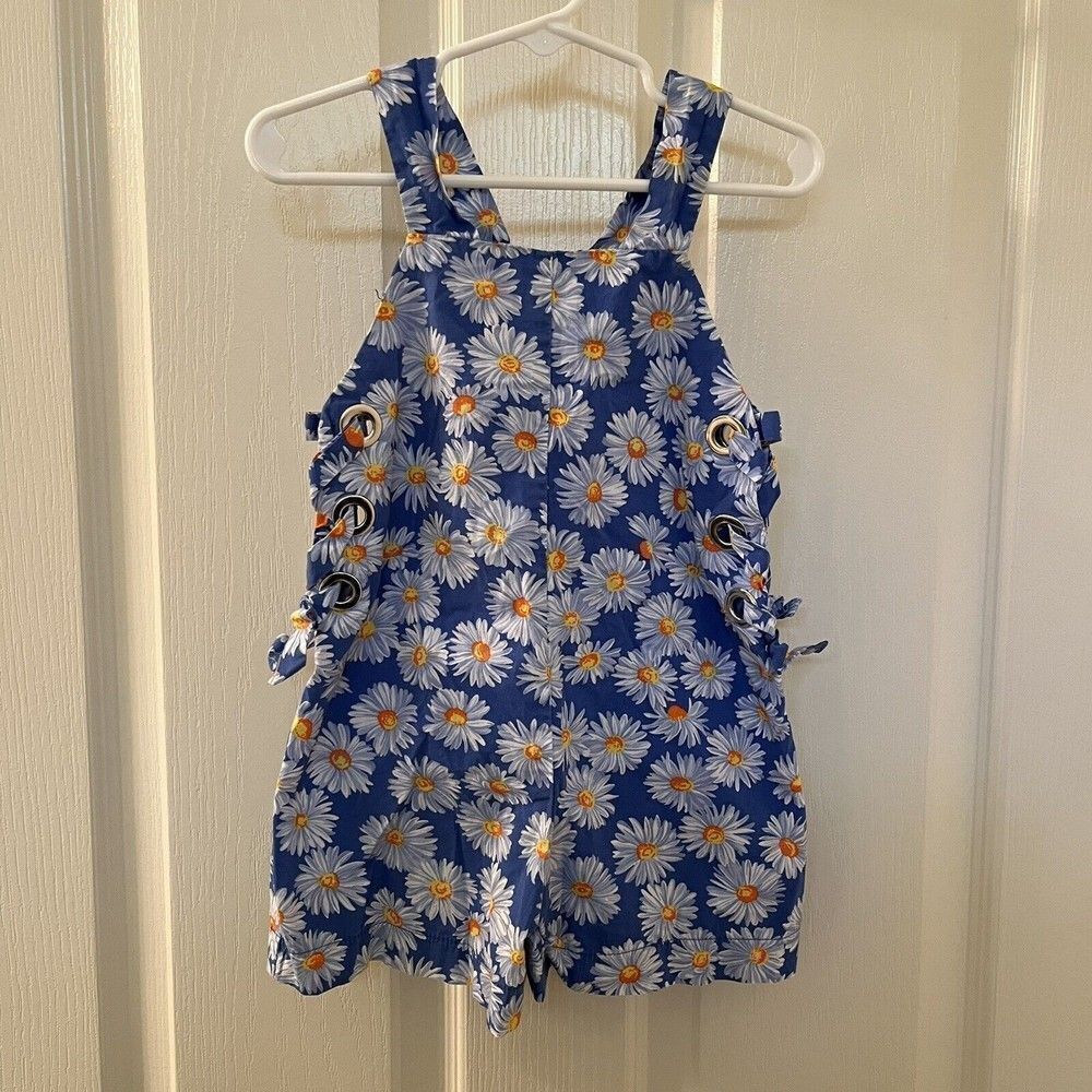 Zara Girls Floral Daisy Romper with Side Grommets Criss Cross Tie Blue Size 5